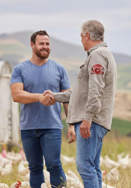 Deux hommes Norvolailles se serrent la main devant un groupe de poules représentant l'équipe Norvolailles